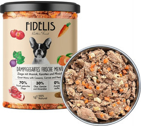 Produktbild von Probier-Glas: Frische-Menü Ziege mit Maniok, Karotten und Pfirsich (400g)