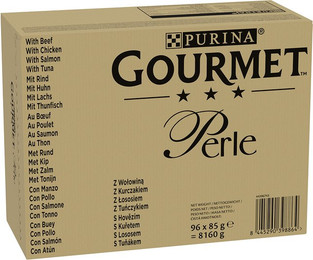 Produktbild von Purina Gourmet Perle Filets in Sauce mit Rind, Huhn, Lachs, Thunfisch - 96 x 85 g