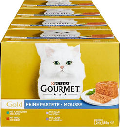 Produktbild von PURINA Katzennassfutter Gourmet Gold Feine Pastete mit Rind, Kaninchen, Lamm und Kalb 24 x 85 g, 4er Pack