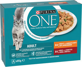 Purina ONE Adult feine zarte Streifen in Sauce - Huhn/Rind - 8 x 85 g – Bild 1 von 4