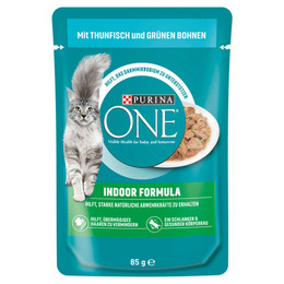 Produktbild von Purina One Indoor Formula Katzenfutter mit Thunfisch und grünen Bohnen - 26 x 85 g