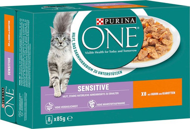 Produktbild von Purina ONE Sensitive Nassfutter Katze Adult mit Huhn und Karotten - 8 x 85 g