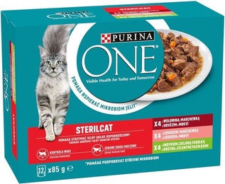 Produktbild von PURINA ONE Sterilcat Nassfutter mit Rind und Karotte, mit Lachs und Karotte, mit Pute und grünen Bohnen für Katzen nach der Sterilisation 12x85g