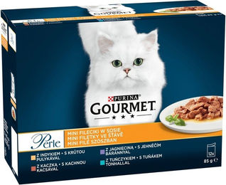 Produktbild von PURINA Perle Mini Filetstücke in Soße Truthahn, Ente, Lamm und Thunfisch, Nassfutter für Katzen 12x85g