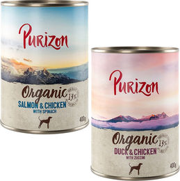 Produktbild von Purizon Organic 6 x 400 g - Mixpaket: 3 x Ente mit Huhn, 3 x Lachs mit Huhn