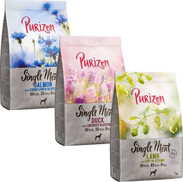 Produktbild von Purizon Single Meat Probierpaket 3 x 1 kg - Pferd mit Ringelblumen, Lachs mit Kornblumenblüten, Ente mit Lavendelblüten