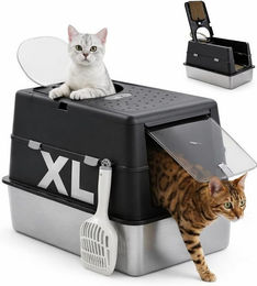 Produktbild von Purpurra Katzentoilette XL Edelstahl-Katzenklo mit Deckel, inklusive Schaufel, 60 × 40 × 40 cm, Edelstahl Schale.