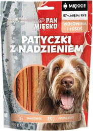 Produktbild von PAN MIĘSKO Belohnungssnack gefüllte Sticks mit Rind und Lachs für Hunde Welpe mit hohem Fleischanteil 100 g