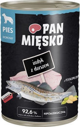 Produktbild von PAN MIĘSKO Nassfutter für adulte Hunde mit Pute, Kabeljau und Kürbiskernen Stückchen in Sauce hypoallergen 400 g