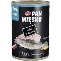 Produktbild von PAN MIĘSKO Nassfutter für adulte Hunde mit Pute, Kabeljau und Kürbiskernen Stückchen in Sauce hypoallergen 400 g