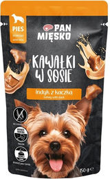 Produktbild von PAN MIĘSKO Nassfutter für adulte Hunde mit Truthahn, Ente und Rind in Sauce getreidefrei 150 g