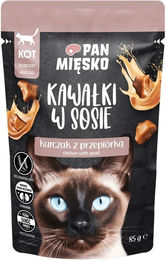 Produktbild von PAN MIĘSKO Nassfutter für adulte Katzen mit Huhn und Geflügel in Sauce getreidefrei 85 g