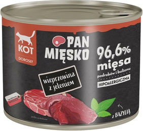 Produktbild von PAN MIĘSKO Nassfutter für adulte Katzen mit Wildschwein und Hirsch Stückchen in Sauce hypoallergen 200 g