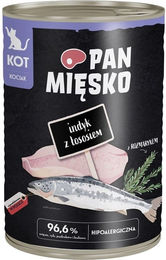 Produktbild von PAN MIĘSKO Nassfutter für Kitten mit Pute, Lachs und Rosmarin, hypoallergen, Stückchen in Sauce, 400 g