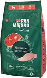 Produktbild von PAN MIĘSKO Trockenfutter mit Rind, Kaninchen und Geflügel für adulte mittlere Hunde getreidefrei und hypoallergen 9 kg