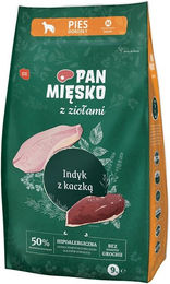 Produktbild von PAN MIĘSKO Trockenfutter Truthahn und Ente mit Kräutern hypoallergen für adulte Hunde 9 kg