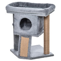 Produktbild von Patootie Fruitie Katzenbaum aus hellgrauem Plüsch mit Jute-Kratzstamm, Versteck, Plattform und Spielball 57 cm hoch