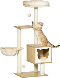 Patootie Fruitie Katzenbaum aus Holz mit 2 Stämmen, Häuschen, Hängematte, Bett und 2 Bällen aus Fleece und Sisal 48 x 40 x 126 cm – Bild 1 von 1