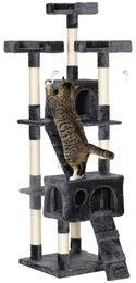Patootie Fruitie Katzenbaum aus Holz und Plüsch mit 3 Liegeflächen, 2 Verstecken und Hängespielzeug Grau 49 x 49 x 173 cm – Bild 1 von 1