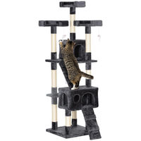 Produktbild von Patootie Fruitie Katzenbaum aus Holz und Plüsch mit 3 Liegeflächen, 2 Verstecken und Hängespielzeug Grau 49 x 49 x 173 cm
