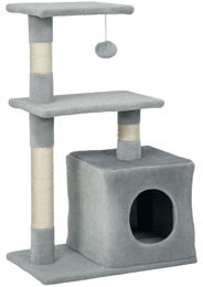 Patootie Fruitie Katzenbaum mit Häuschen und 2 Plattformen aus Holz, Sisal und Plüsch, Grau, 50 x 30 x 81,5 cm – Bild 1 von 1