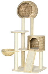 Patootie Fruitie Katzenbaum mit Kratzstamm aus Natursisal, 2 Höhlen, Plattform, Hängematte und Plüsch-Wasserhyazinthe, beige, 60 x 60 x 150 cm – Bild 1 von 1