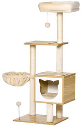 Patootie Fruitie Katzenkratzbaum aus Holz mit 2 Stämmen, Häuschen, Hängematte, Bett und 2 Bällen aus Fleece und Sisal 48 x 40 x 126 cm – Bild 1 von 1