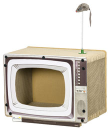 Patootie Fruitie Katzenkratzbaum aus Pappe in Form eines Fernsehers mit Spielzeugmaus sandfarben 43 x 23 x 32,5 cm – Bild 1 von 1