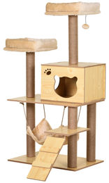 Patootie Fruitie Katzenkratzbaum mit Häuschen, 2 Liegeflächen, Hängematte und Ball aus Holz, Polyester und Sisal, 60 x 40 x 130 cm – Bild 1 von 1