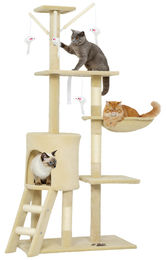 Patootie Fruitie Kratzbaum für Katzen in Beige mit 6 Kratzstämmen, 3 Plattformen, Höhle, Hängematte, Leiter und 4 Spielzeugen, 134 cm hoch – Bild 1 von 2