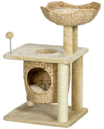Patootie Fruitie Kratzbaum für Katzen mit Katzenhöhle, Liegeplattform und Spielball in Beige aus Plüsch und Jute, 45x40x74cm – Bild 1 von 2