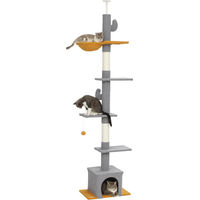 Produktbild von Patootie Fruitie Kratzbaum mit Deckenspanner für Wohnungskatzen, 275 cm hoch, 6 Ebenen mit Katzenhöhle und Plattformen, Grau Samt