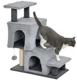 Patootie Fruitie Verstellbare 4-stufige Katzenleiter mit 2 Versteckmöglichkeiten, Kratzbaum und Spielball in Grau – Bild 1 von 1