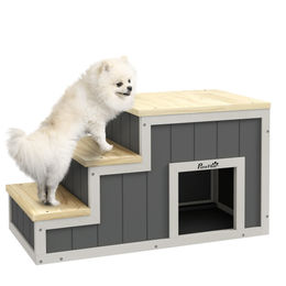 PawHut 2-in-1 Hundetreppe und Katzentreppe mit Kuschelhöhle aus Holz, 3 Stufen, Grau und Natur, für kleine Rassen – Bild 1 von 13