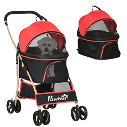 PawHut 2 in 1 Hundewagen und Katzenbuggy für kleine Hunde und Katzen bis 10kg faltbar in Rot mit Aufbewahrungskorb und Oxford-Gewebe – Bild 1 von 9