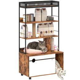 PawHut 2-in-1 Katzenklo Schrank mit 3-Ebenen-Regal und Kratzpfosten Braun – Bild 1 von 13