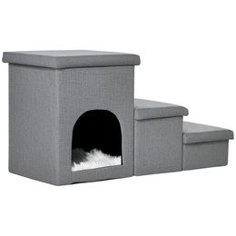 PawHut 3-in-1 Hundetreppe und Katzentreppe aus Holz mit Höhle und Stauraum in Grau – Bild 1 von 6
