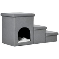 Produktbild von PawHut 3-in-1 Hundetreppe und Katzentreppe aus Holz mit Höhle und Stauraum in Grau