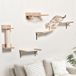 Produktbild von PawHut 4-teilige Katzen-Kletterwand mit Kratzbaum aus Holz in Braun und Natur, 38x34x15 cm