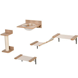 Produktbild von PawHut 4-teiliges Katzenkletterwand Set mit Kratzbaum Hängematte und Sprungplattform in Braun und Natur