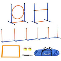 Produktbild von PawHut Agility Set für Hunde, 4-teiliges Hundetraining-Set mit höhenverstellbaren Hürden, Flechtstangen, Pausenbox, Springring und Tragetasche aus Kunststoff
