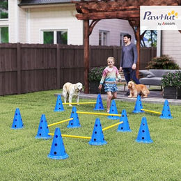 PawHut Agility Set für Hunde aus Kunststoff mit 6 höhenverstellbaren Hürden und 12 Kegeln in Blau und Gelb inklusive Tragetasche – Bild 1 von 9