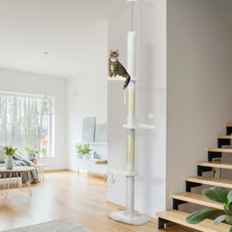 PawHut Deckenhoher Kratzbaum mit Deckenspanner aus Holz in Weiß – Bild 1 von 5