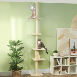 PawHut Deckenhoher Kratzbaum mit Deckenspanner für Katzen in Weiß und Beige – Bild 1 von 8