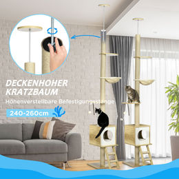 PawHut Deckenhoher Kratzbaum mit Deckenspanner und Katzenhaus aus Plüsch in Braun und Beige 40 x 40 x 260 cm – Bild 1 von 6