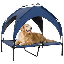 PawHut Erhöhtes Hundebett mit Baldachin aus Oxford-Gewebe für große Hunde in Blau 91 x 76 x 89 cm – Bild 1 von 9