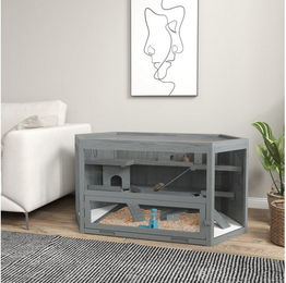 PawHut Hamsterkäfig aus Holz in Grau mit 3 Etagen und Sichtfenstern 115 x 60 x 55 cm – Bild 1 von 5