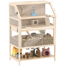 PawHut Hamsterkäfig aus Holz mit 3 Etagen für Zwerghamster 80 x 53 x 117 cm Naturholz mit Laufrad Wippe Rampe Hütte und Ablage – Bild 1 von 13