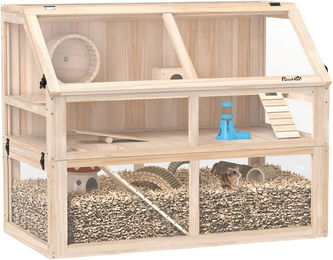 PawHut Hamsterkäfig aus Holz mit 3 Etagen, Laufrad, Wippe und Hütte für Hamster, Zwerghamster und Rennmäuse – Bild 1 von 1