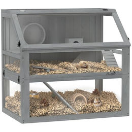 PawHut Hamsterkäfig aus Holz mit 3 Etagen und Zubehör für Hamster und Mäuse Hellgrau 80 x 50 x 76 cm – Bild 1 von 9